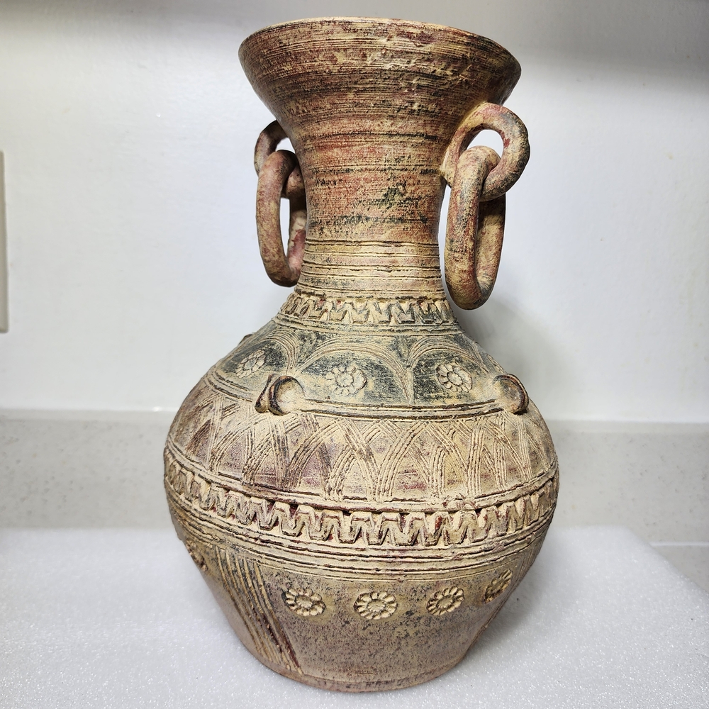 Vintage Tribal Style Ceramic Red Clay Vase. Pottery Decorative Vase - Picture 5 of 9